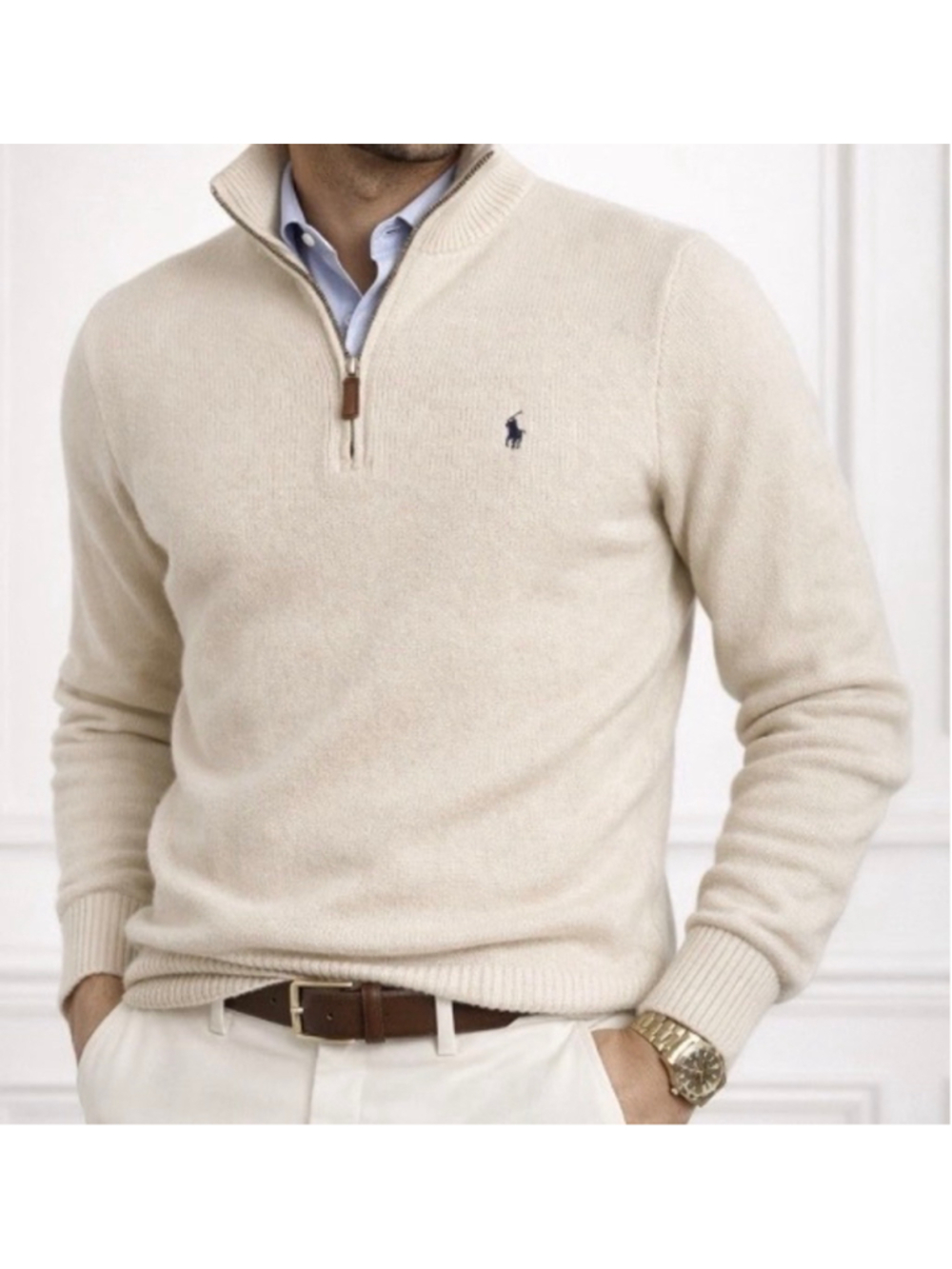 Men's Polo by Ralph Lauren Zip Up Collegiate Style Sweater, Size M, Beige